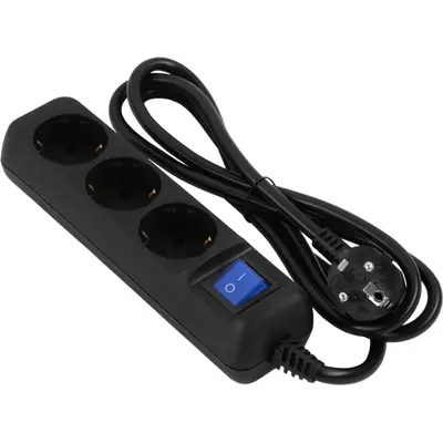 Elektrik adapteri (üçlük) 2E 3xType F, 16A, qara (2E-AD0103BK)