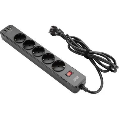 Şəbəkə filtri (uzadıcı) 2E 2 m, 5 rozetka, 3xUSB-A, 16A, qara (2E-SP515M2USBBK)