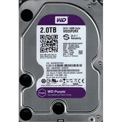 Sərt disk (HDD) Western Digital Purple WD20PURX 2TB 3.5" 5.4K RPM 64MB SATA (WD20PURX-64P6ZY0)