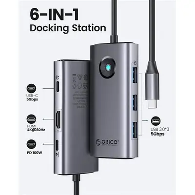 Doking stansiya Orico USB-C 6-sı 1-də, HDMI 4K, PD 100W, 3x USB 3.0 (PW11-6P)
