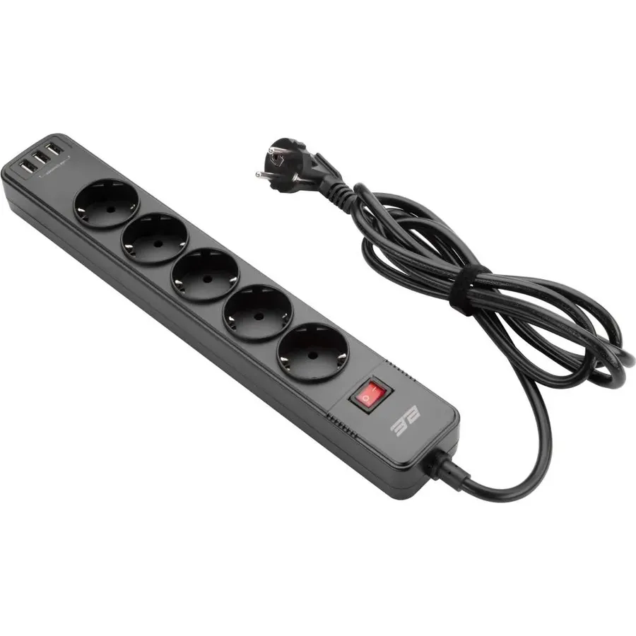 Şəbəkə filtri (uzadıcı) 2E 2 m, 5 rozetka, 3xUSB-A, 16A, qara (2E-SP515M2USBBK)