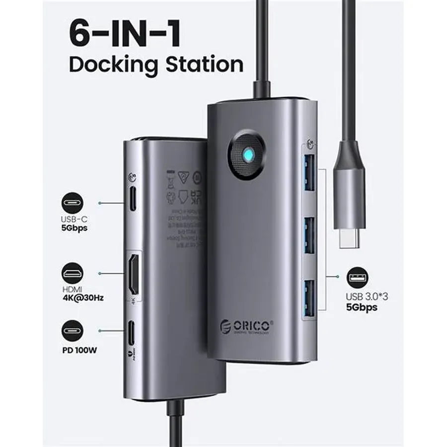 Doking stansiya Orico USB-C 6-sı 1-də, HDMI 4K, PD 100W, 3x USB 3.0 (PW11-6P)